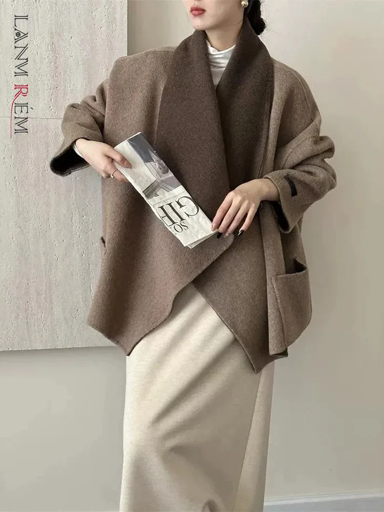 LANMREM cappotto di lana a doppia faccia a contrasto di colore per le donne risvolto cappotti Casual irregolari 2024 abbigliamento donna autunno