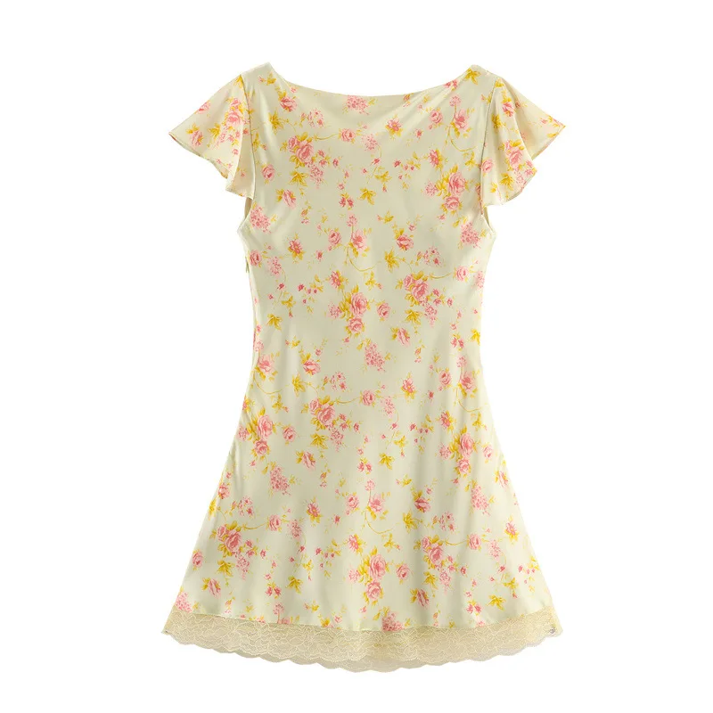 Nuovo abito corto senza maniche con trama in raso di seta a fiori da donna