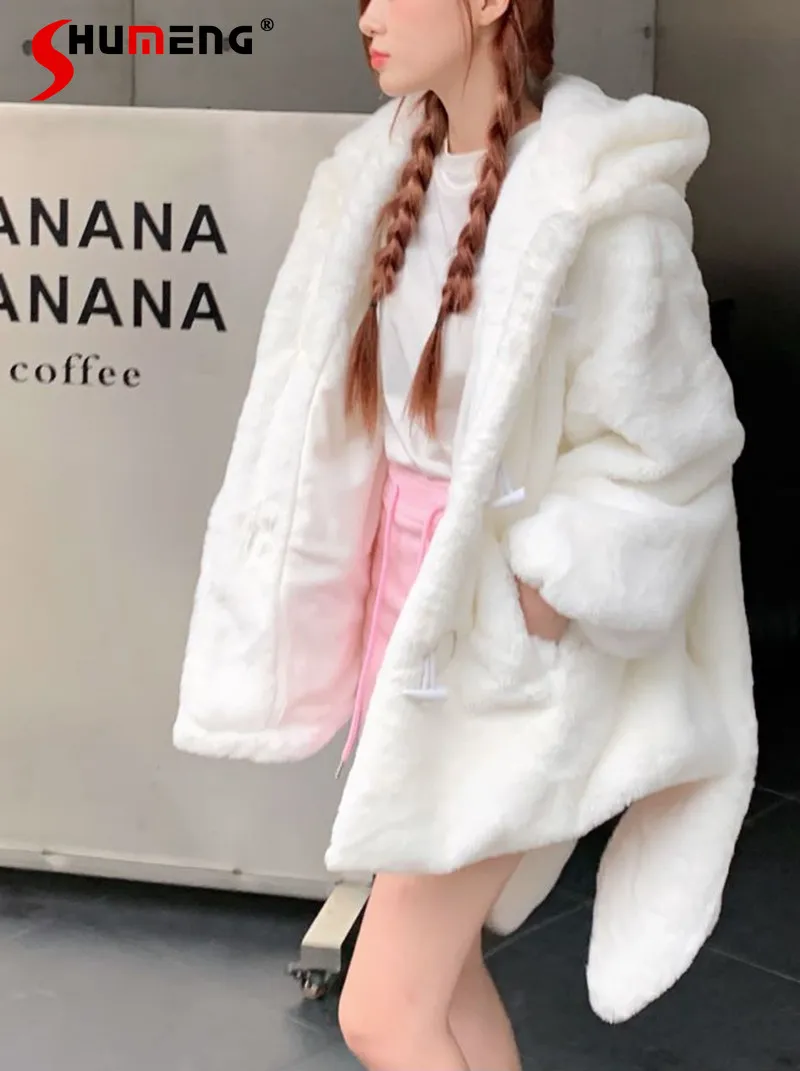 Japanese Style College Rabbit Ears Hooded Plush Coat 2023 Autumn and Winter New Cute Fleece-Lined Thickened Cotton Padded Jacket