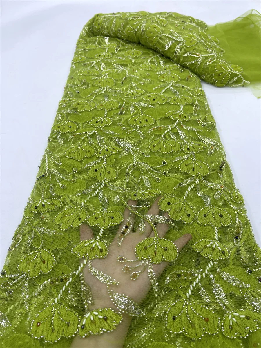 

Green African Sequins Lace Fabric 2024 High Quality Heavy Beaded Embroidery French Tulle Lace For Nigerian Dress Sewing