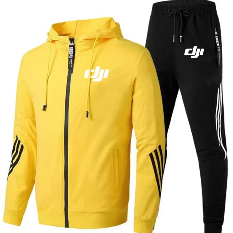 Dji المهنية الطيار المطبوعة الخريف الرجال اللياقة البدنية مجموعات قلنسوة بسحاب + السراويل 2 قطعة رياضية ملابس رياضية بذلة رياضية