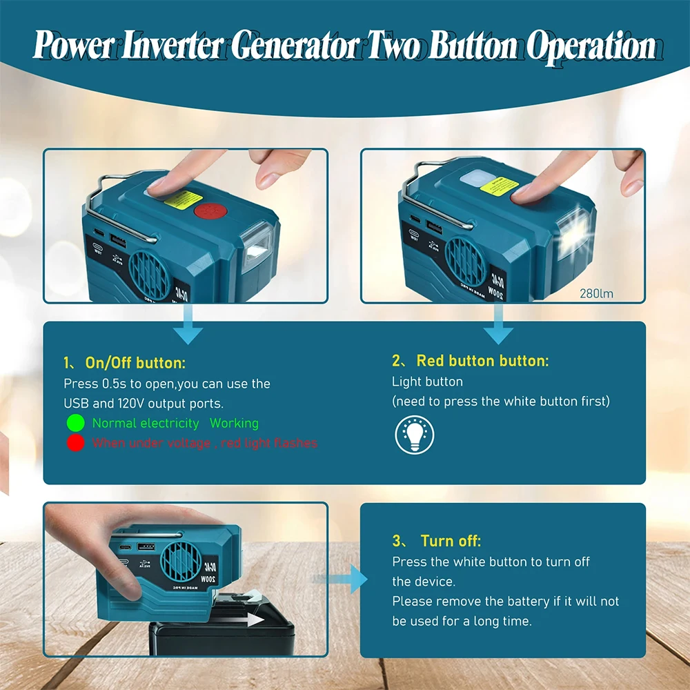 Nuovo aggiornamento Inverter di potenza portatile 120-220V Inverter per batteria al litio Mobile da esterno per batteria Makita/DeWalt/ 18V 20V