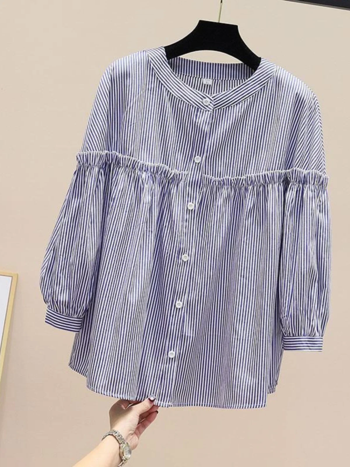 

Модная повседневная полосатая блузка для женщин, свободного кроя, с эффектом стройности, с воротником-стойкой, с цветочным принтом, осенняя новинка