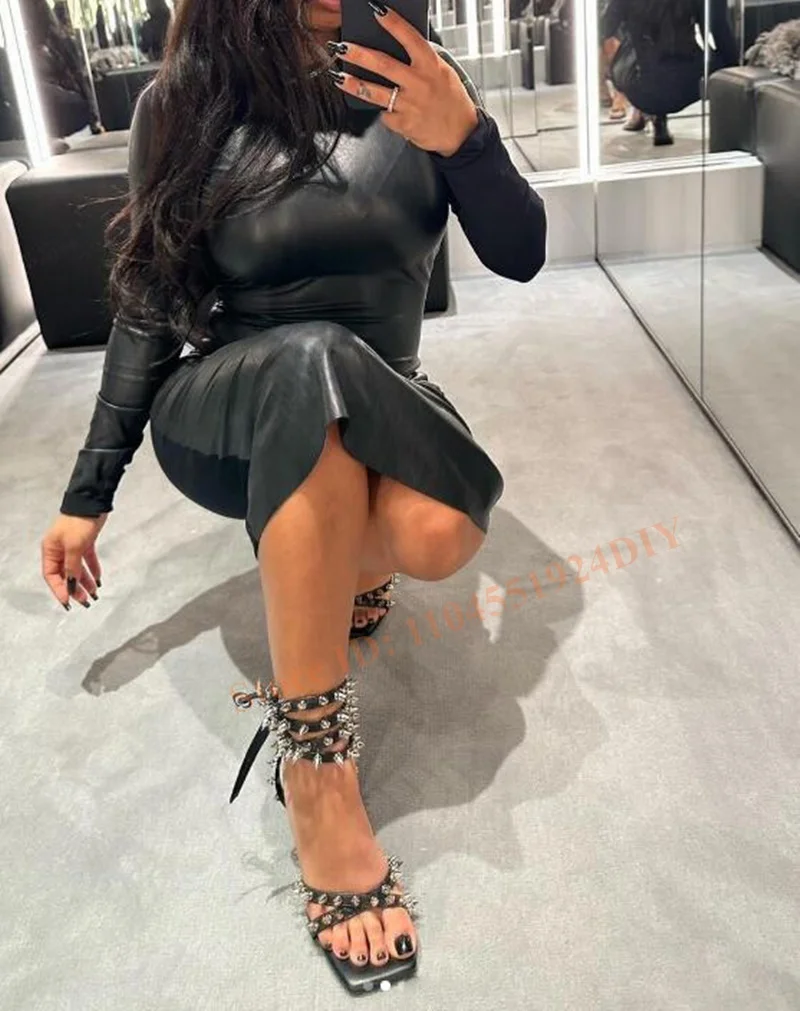 Punk Style Sandals Black Leather Spike Heeled Studded Rivets Square Toe Ankle Wrap Buckle Thin Heels Summer Sandals Women Shoe