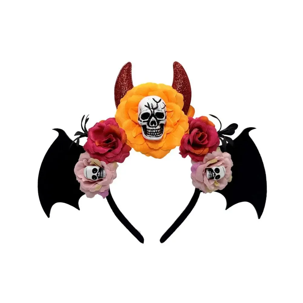 

Gothic Skull Head Hair Hoop Simulation Flowers Dark Halloween Skull Headband Bat Decor Day of The Dead Hairband