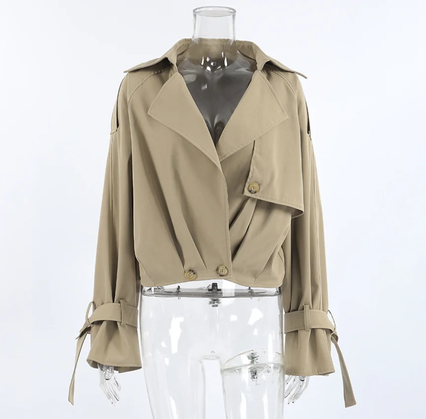 Autumn New Khaki Double Breasted Suit Collar Windbreaker Jacket, Women's Fashionable High Street Loose Windbreaker Short Jacket
