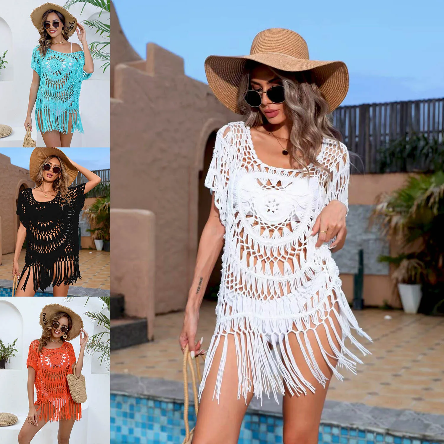 المرأة مثير الجوف خارج بيكيني التستر اليدوية الكروشيه شرابات قصيرة الأكمام فستان شاطئ صغير بحر نمط مربع حجم الحرة #2