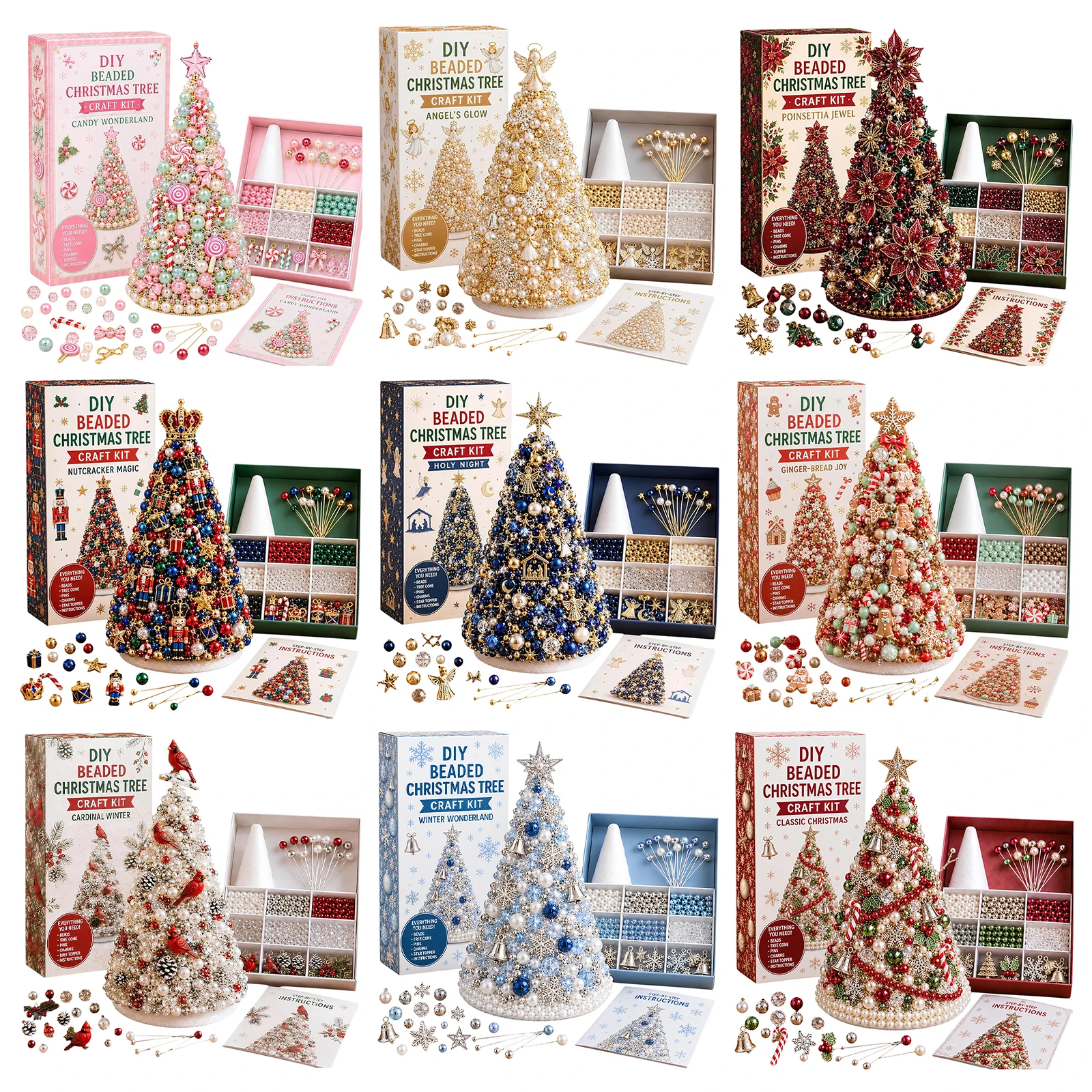 DIY Christmas Bead Tree Craft Kit 9 Holiday Styles Foam Cone Pearl Ornament Tabletop Decor Gift Box Set