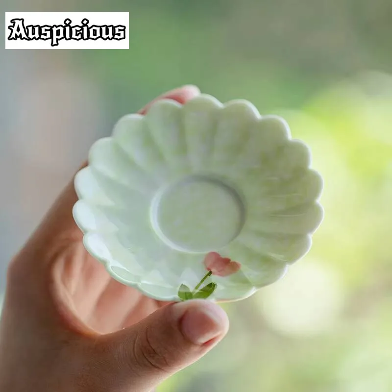 2pc/Set Pure Hand-painted Fog Green Ceramic Coaster Creative Small Red Flower Cup Holder Kung Fu Teaset Tea Ceremony Accessories