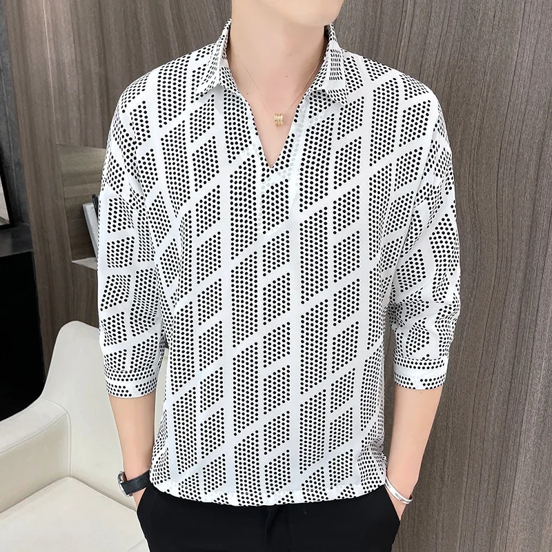 England Style Fashion V-neck Loose Print Shirt Men Men\'s Casual Luxury Summer Three Quarter Sleeve Social Shirt Designer Clothes