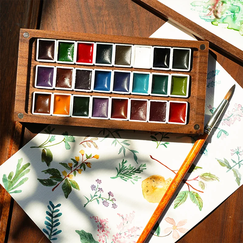 Portable Palette Solid Wood Watercolor Paint Box 24 Colors 2ML Watercolor Paint Artist Travel Painting Nail Art Supplies