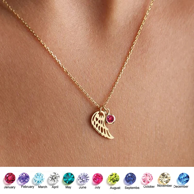 قلادة ساحرة على شكل جناح زاوية جوهرة الميلاد لمدة 12 شهرًا، قلادة من الفولاذ المقاوم للصدأ مطلية بالذهب للنساء والفتيات هدايا عيد الميلاد