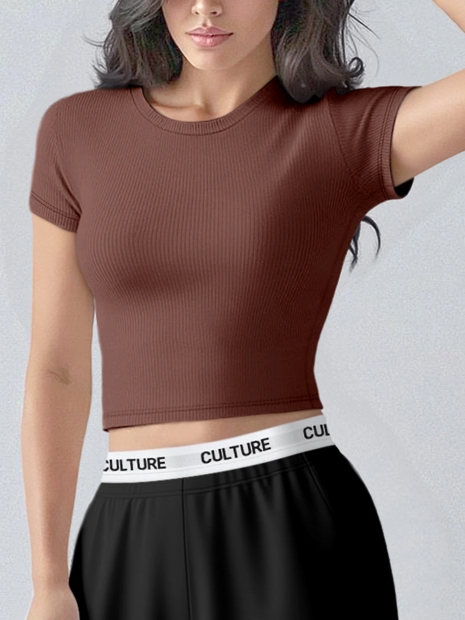 Breathable Fitted Crop Athletic Top, Slim Silhouette Ribbed T‑Shirt for Outdoor Jogging & Fitness Studio