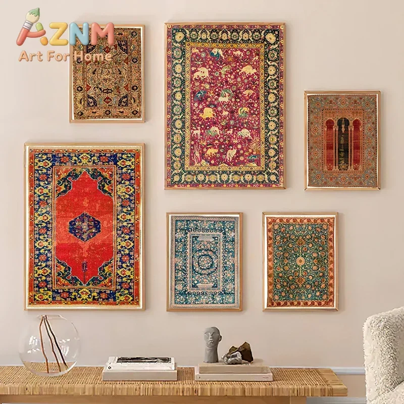 AZNM Vintage Oriental Rug Pattern Canvas Wall Art Frameless Bohemian Ethnic Textile Print Poster for Home Living Room Wall Decor