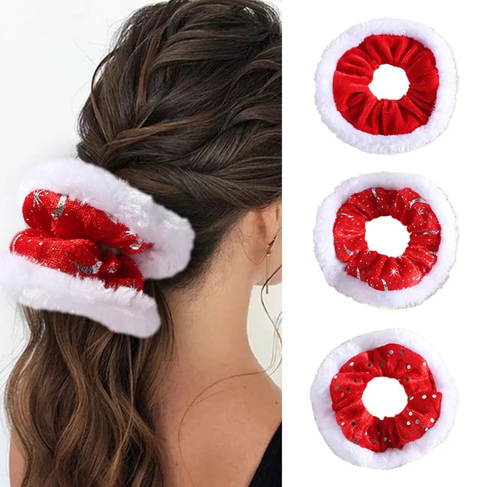 Velvet Plush Christmas Hair Rope Snow High Elasticity New Year Hair Scrunchies Red& White Glitter Women Hair Ring