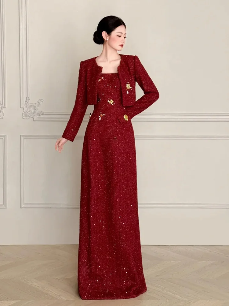 

Red Wedding Dr Ele Long Sve Engagement Ceremony Women's Formal Wear Outfit New Autumn Winter New Sle Floor Length