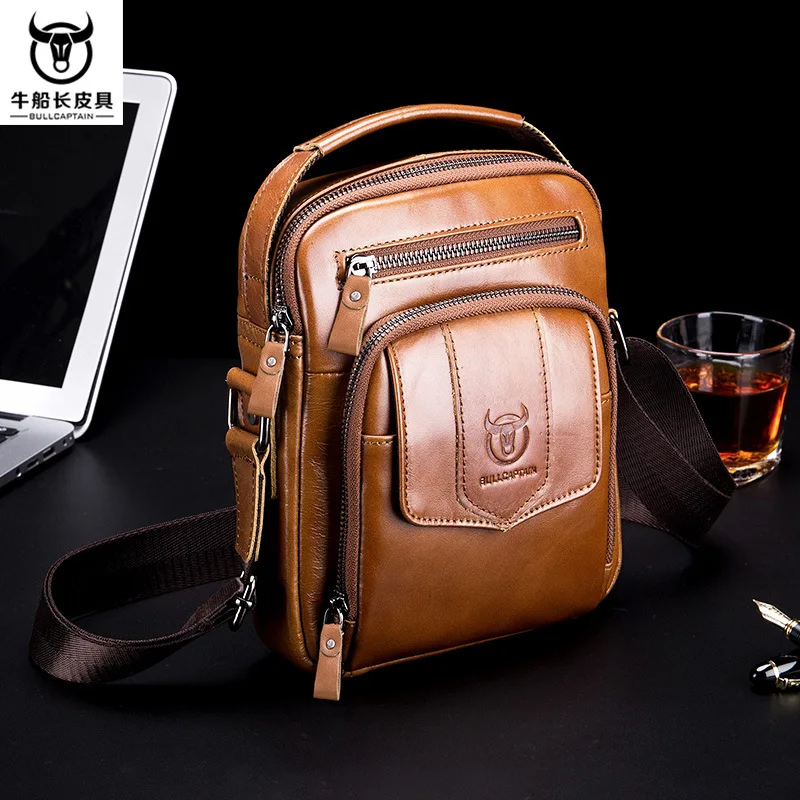 Real leather multi-pocket square shoulder bag cofskin retro small cap compartment large capacity diagonal cross travel bag