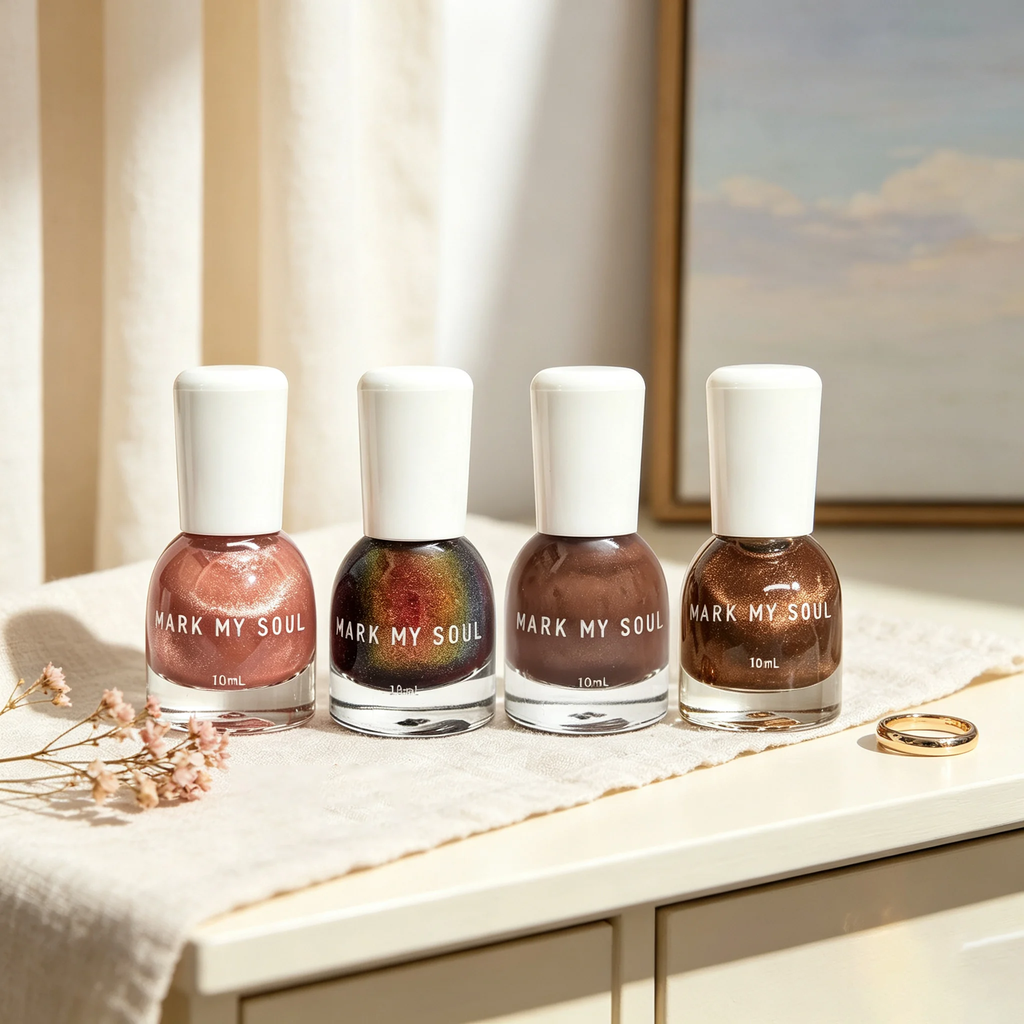 4pcs Milk Tea Earth Iridescent Contrast Cat Eye,MARK MY SOUL No UV Lamp Nail S55/S114/S82/S86,Quick Dry Non Peel Off