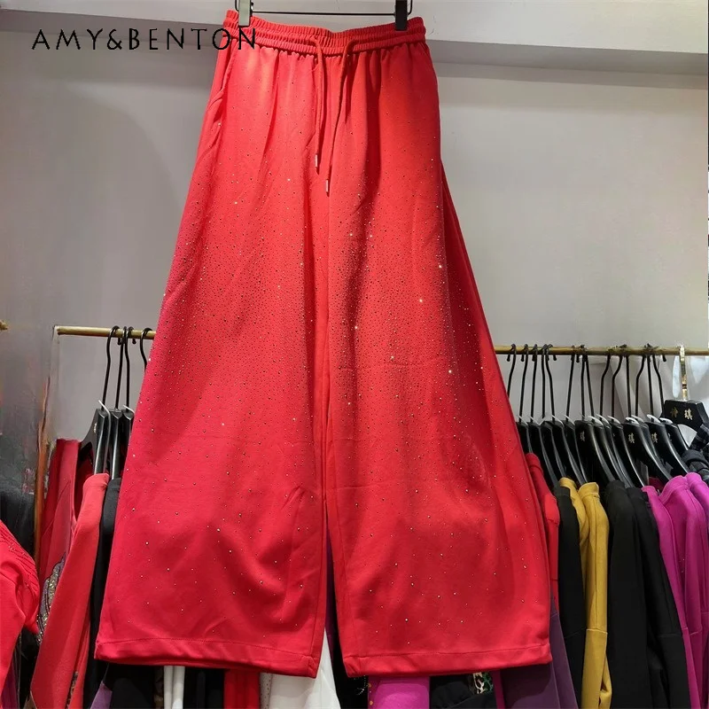

Rhinestone Elastic Waist Wide Leg Pants Women's Fashion Versatile Trendy Straight Loose Casual Daily All Match Elegant Trousers