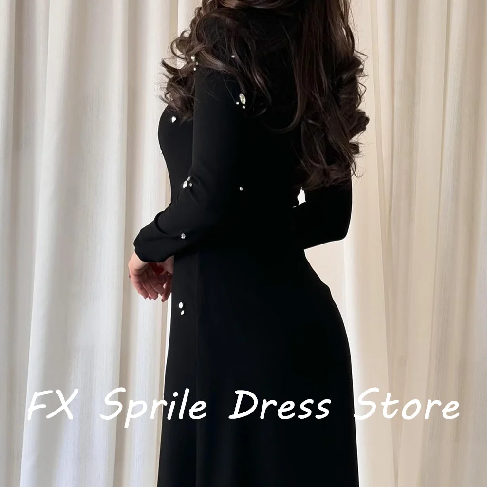 Crew neck Long Sleeves Jersey Crystal Straight Floor Length Zipper Back Solid Color Exquisite Evening Dresses Woman Custom Size