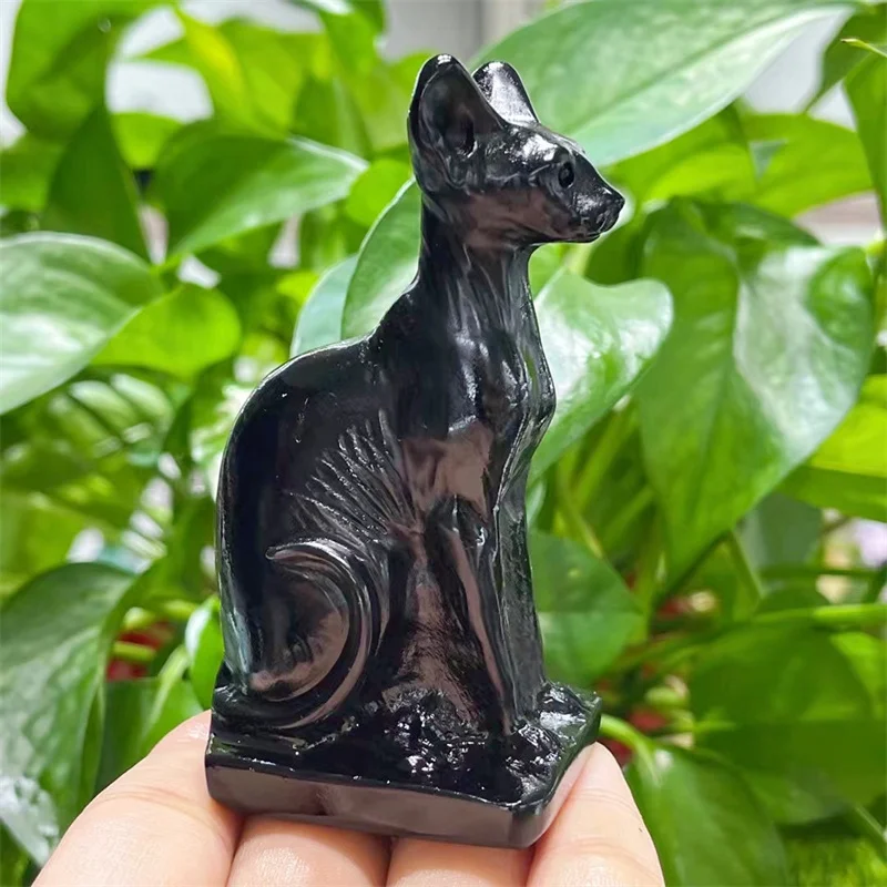 Natural Black Obsidian Egyptian Mau Cat Animal Healing Figurine Aesthetic Hallowen Decor Feng Shui Reiki Gift 1PCS