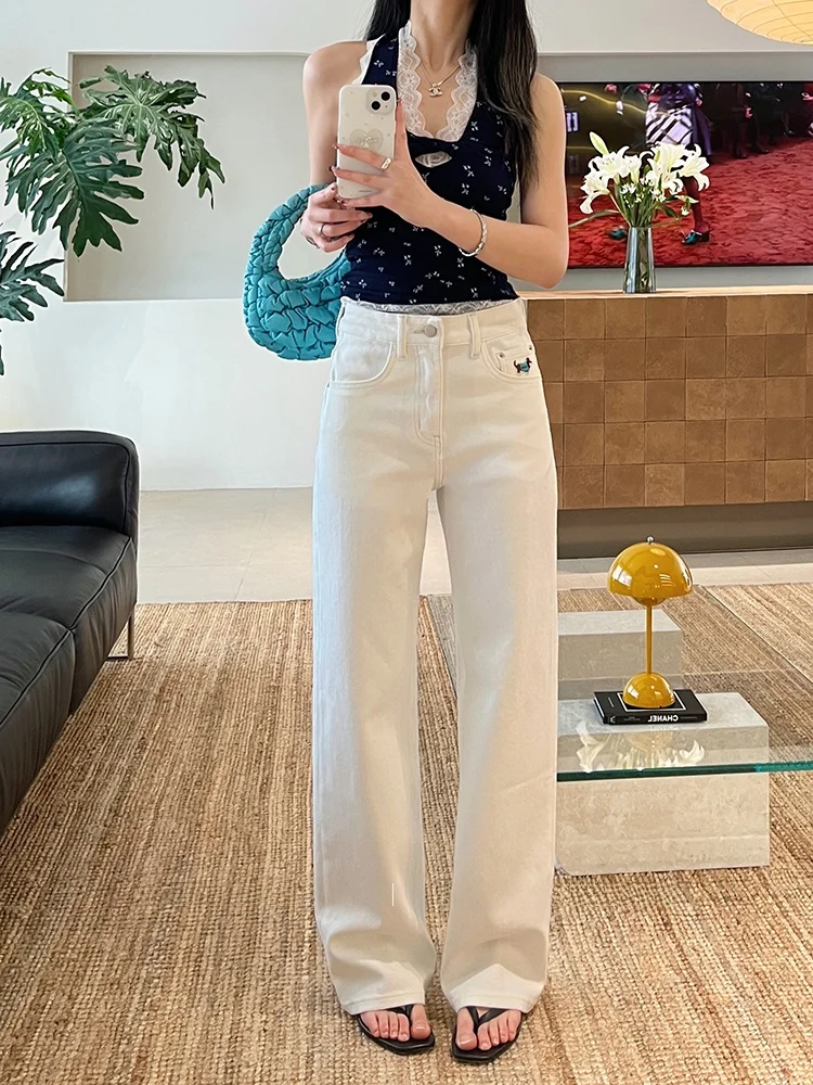 

Женские джинсы с высокой талией и прямым кроем, весна 2026, облегающие широкие брюки с вышивкой собаки, длина в пол, комфортные, из денима.
