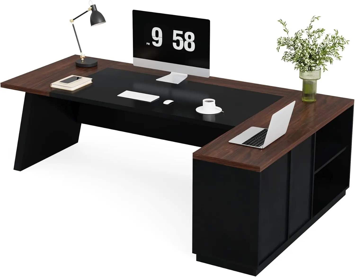 Shaped Executive Desk, Large Office Desk with Drawers and Lateral File Cabinet, Business Furniture with Storage Shelves