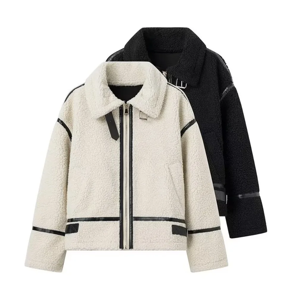 Autumn/Winter Patchwork Fluffy Jacket European/American Style Casual Lamb Wool Warm New Fashion Zipper Pocket Women\'s Coat