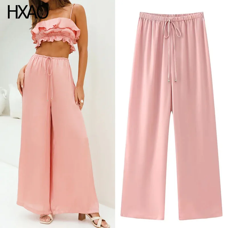 

HXAO Women's Trousers Pink Baggy Pants High Waist Fluid Trousers Summer Wide Leg Pants Elegant Woman Pants Set Lady Pants Slack