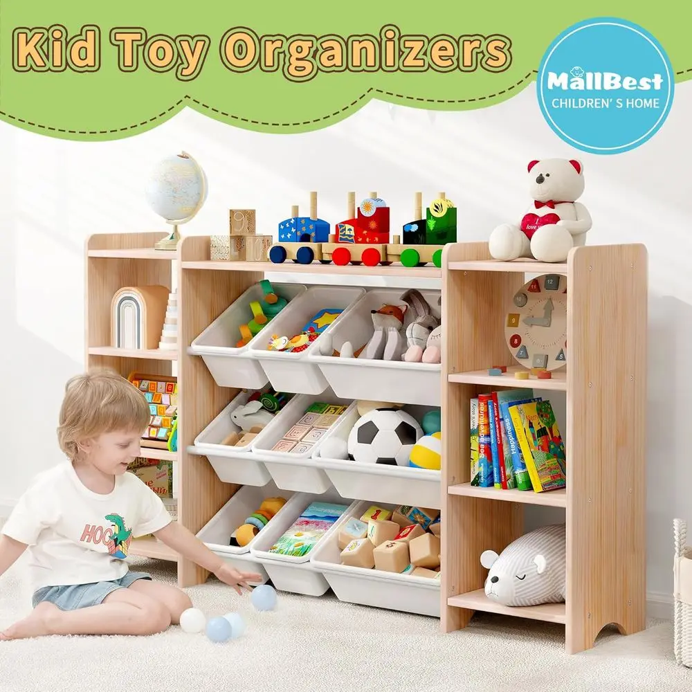 منظم تخزين ألعاب الأطفال من الخشب الصلب مكون من 4 طبقات مع 9 صناديق و6 منافذ #4