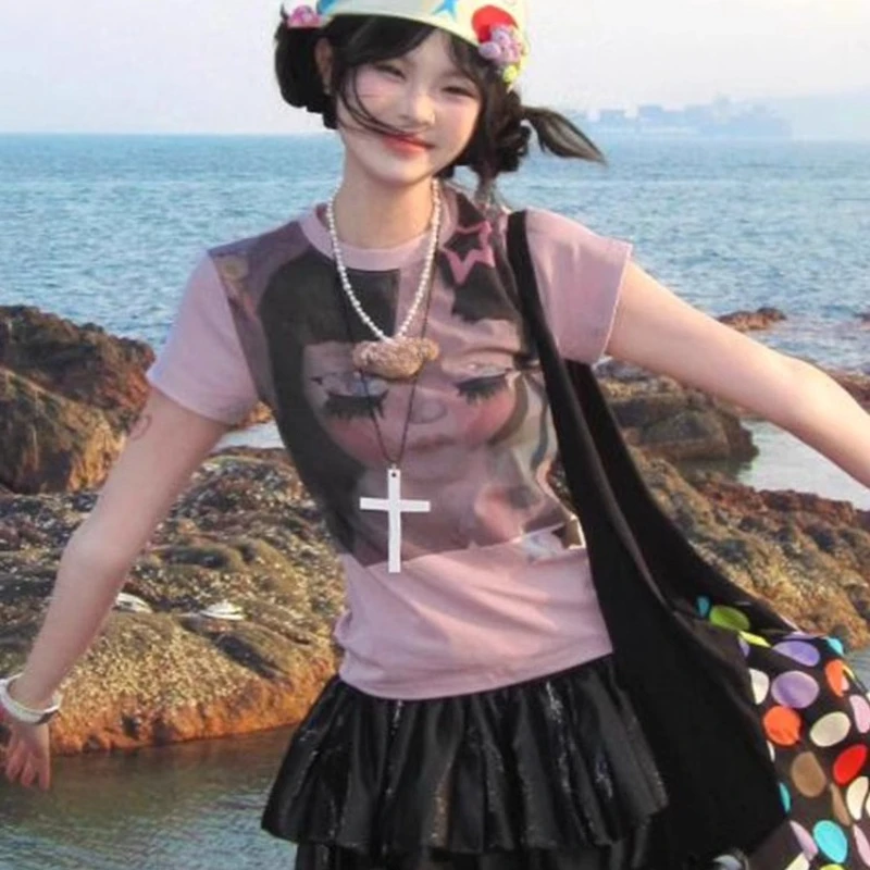 Japanese Pink Round Neck Women's Short-sleeved T-shirt Original 2025 Summer New Cartoon Print Slim Thin Hot Girl T-shirts Ladies