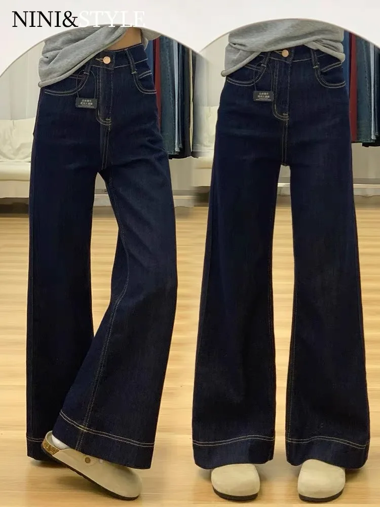 

High Waist Wide Leg Denim Blue Jeans Women's Autumn Winter New Sle Fce Lined Loose Fit Straight Long Pants