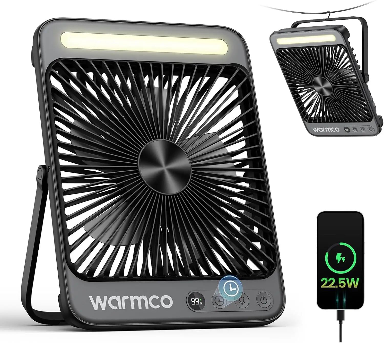 

20000mAh 22.5W 8-Inch Rechargeable Camping Fan with LED Light, 48H Runtime, 8H Timer, Portable for Outdoor & Indoor Use