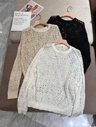 Suéter blanco de lino para mujer, ropa de punto con cuello redondo, Jersey hueco, Tops de manga larga, ropa de primavera, B * C