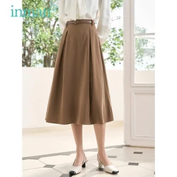 INMAN Women Skirt 2023 Spring A-shaped Pleated Loose With Same Color Adjustable Waistband Vintage Elegant Mid-length Skirt