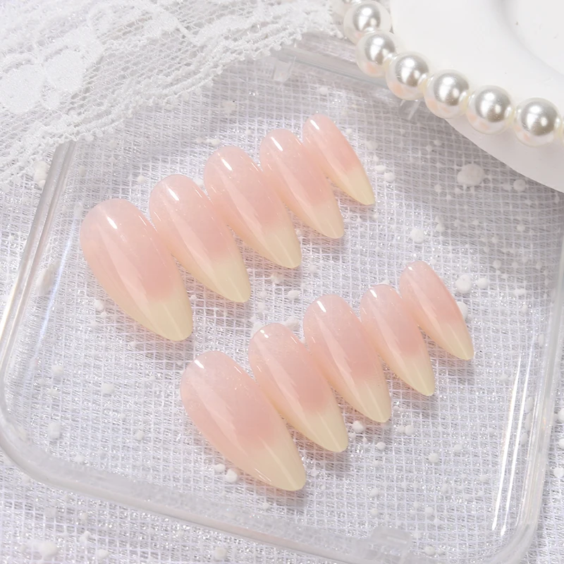 

24 шт. многоразовые накладные ногти цвета телесной кожи, желтые, в форме миндаля, с французским дизайном, полностью покрывающие, для женщин
