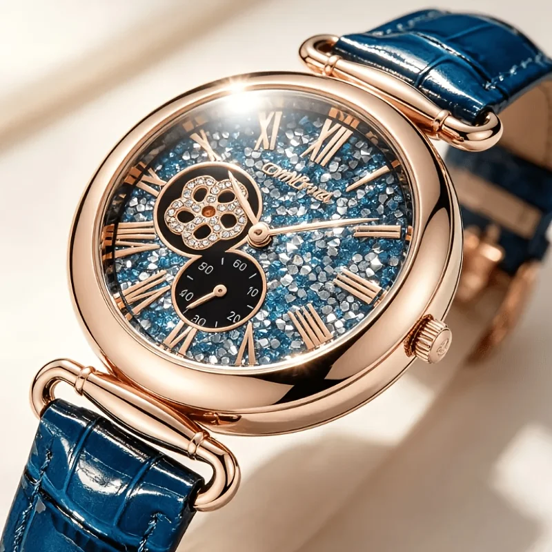 Elegant Ladies' Quartz Watch, featuring a sparkling circular dial and a hollowed-out rotating design