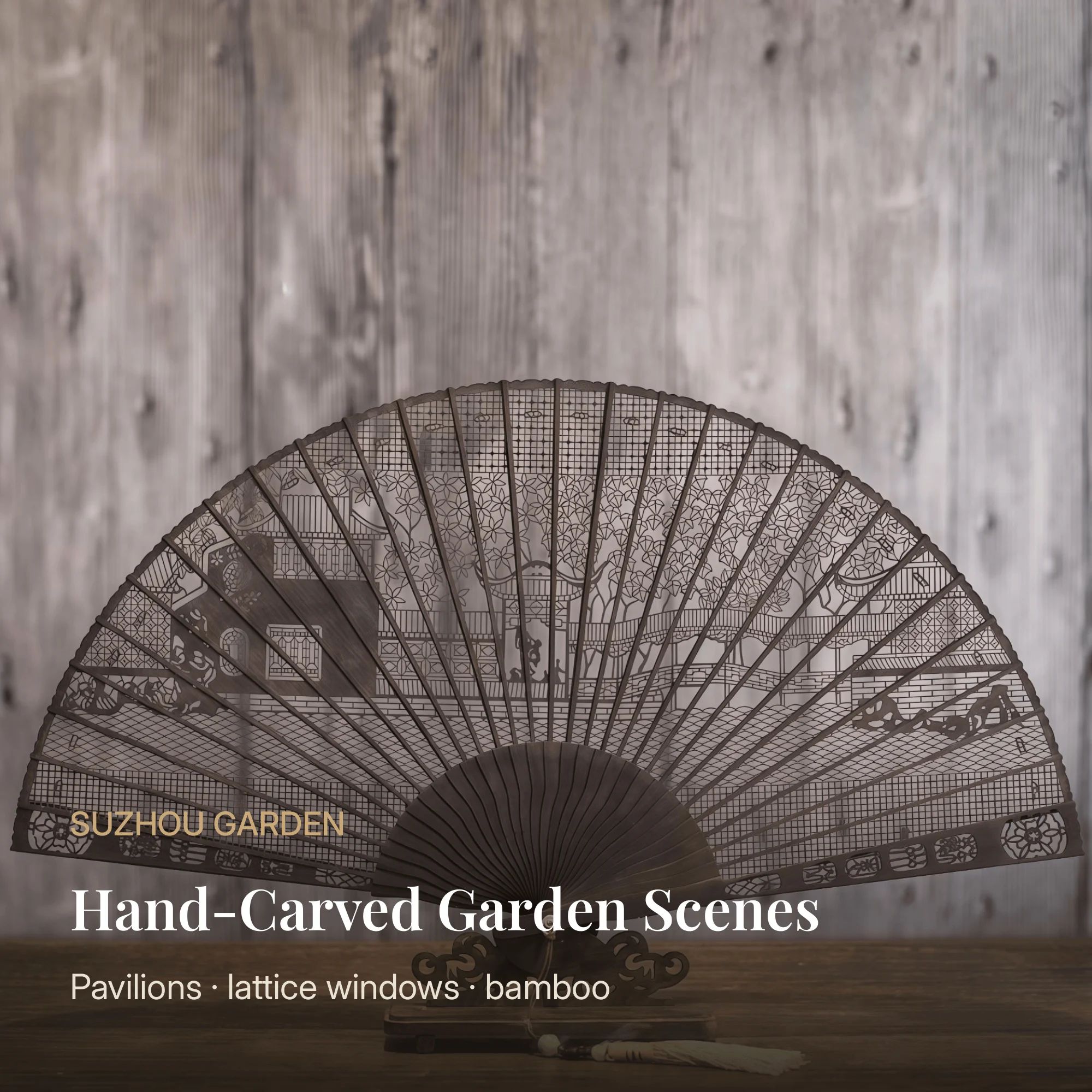 Vintage Chinese Style Hand-Carved Ebony Folding Fan with Hollow Lattice Wood Hand Fan with Jade Tassel Pendant