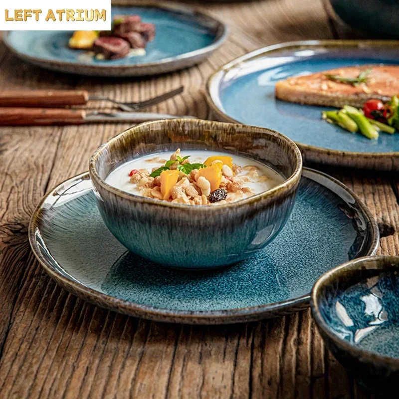 Flame-Killed Blue Ceramic Plate Retro Dessert Snack Plate Steak Plate Thick Soup Bowl Salad Bowl Pasta Bowl Restaurant Tableware