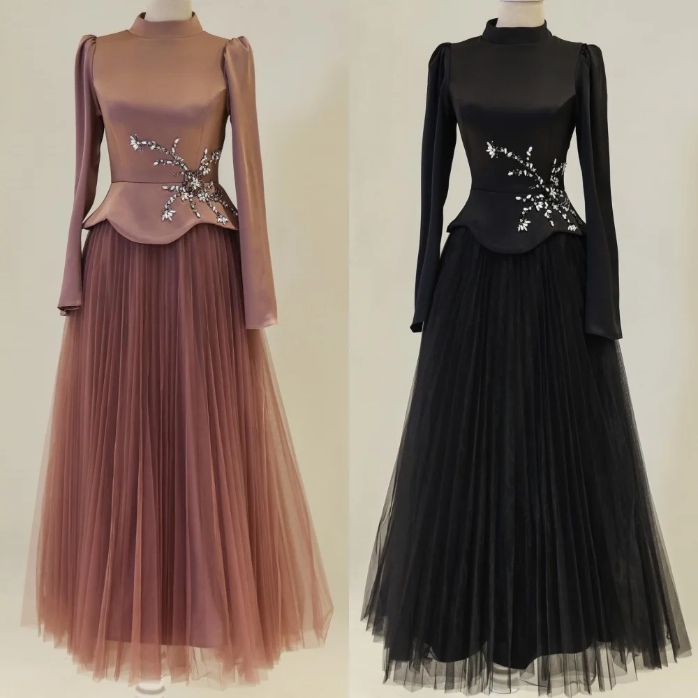 

Customized Matching Formal Tulle Rhinestone Beading A-line High Collar Long Dresses Bespoke Occasion Dresses Intricate Fashion