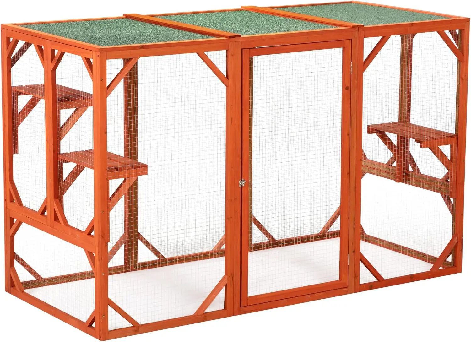 Wooden Cat House, Outdoor Cat Cage With Water-Proof Asphalt Planks And Cat Perches, Orange