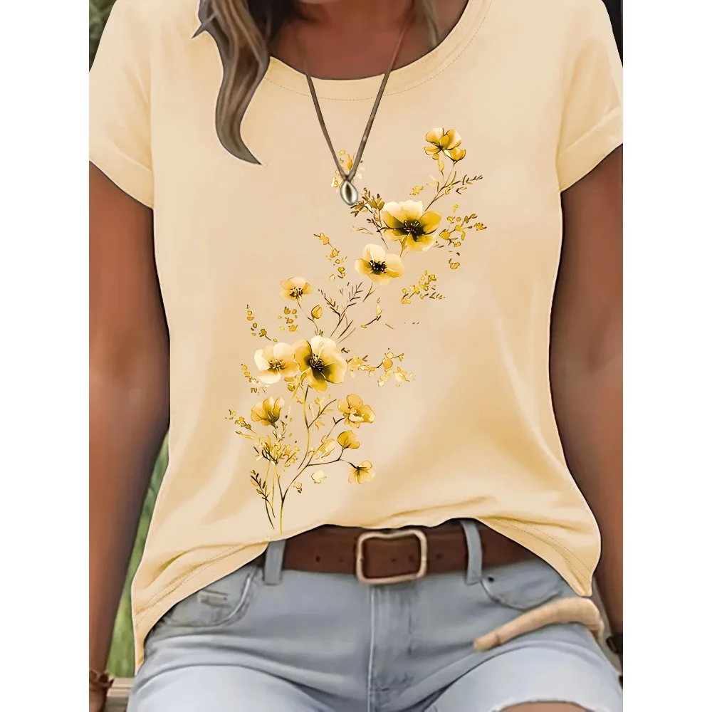 Purple Floral Branch Women's Fashion Tee Delicate Watercolor Flower Graphic Round Neck Short Sleeve Casual Light Purple Top