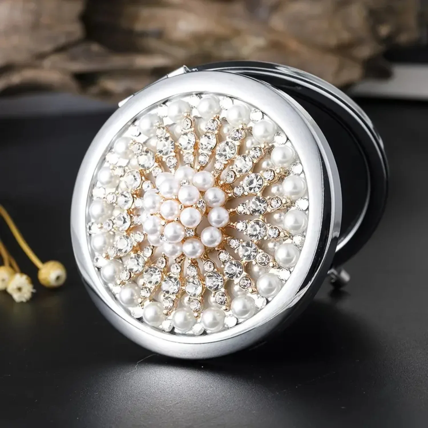 

Mini Beauty Makeup Mirror, Magnify Mirror, Pearl Snow Flower Design, Elegant Wedding Gift