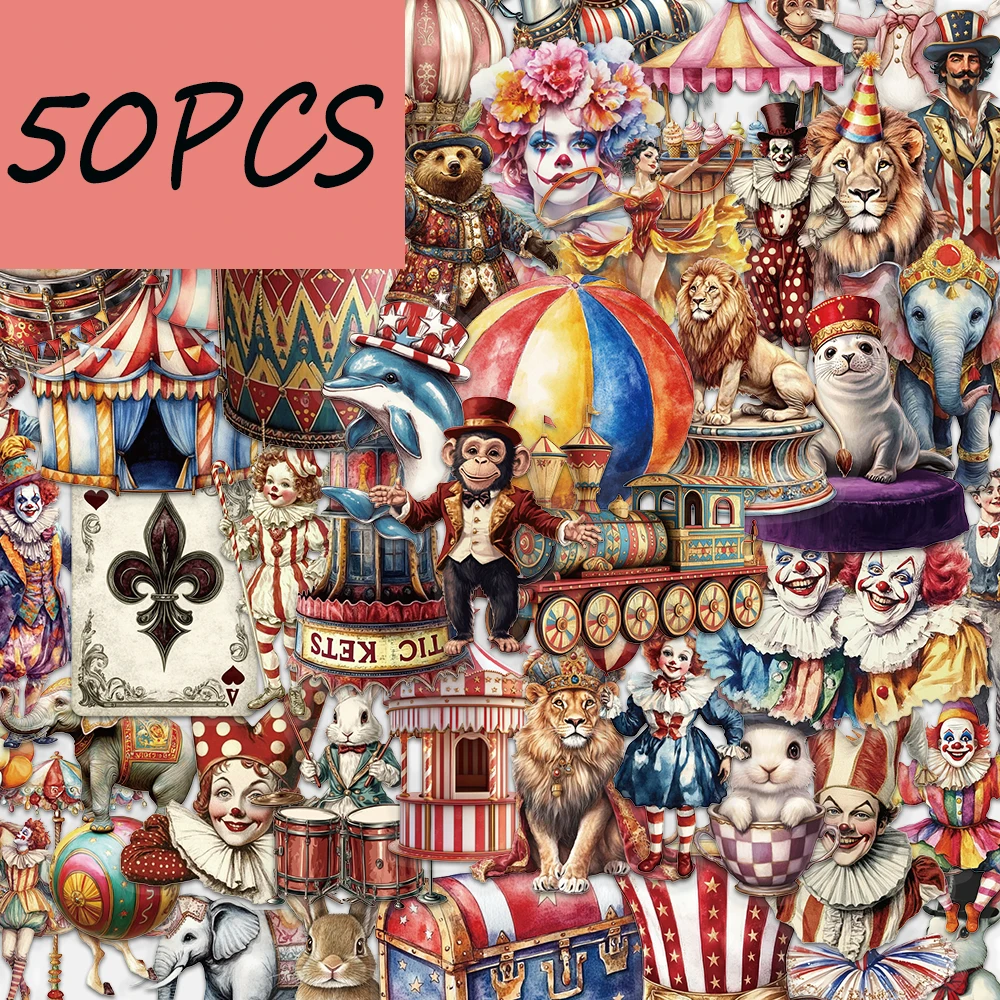 50pcs circus creative cartoon stickers, suitable for decorating diaries, mobile phones, thermos cups, waterproof PET stickers