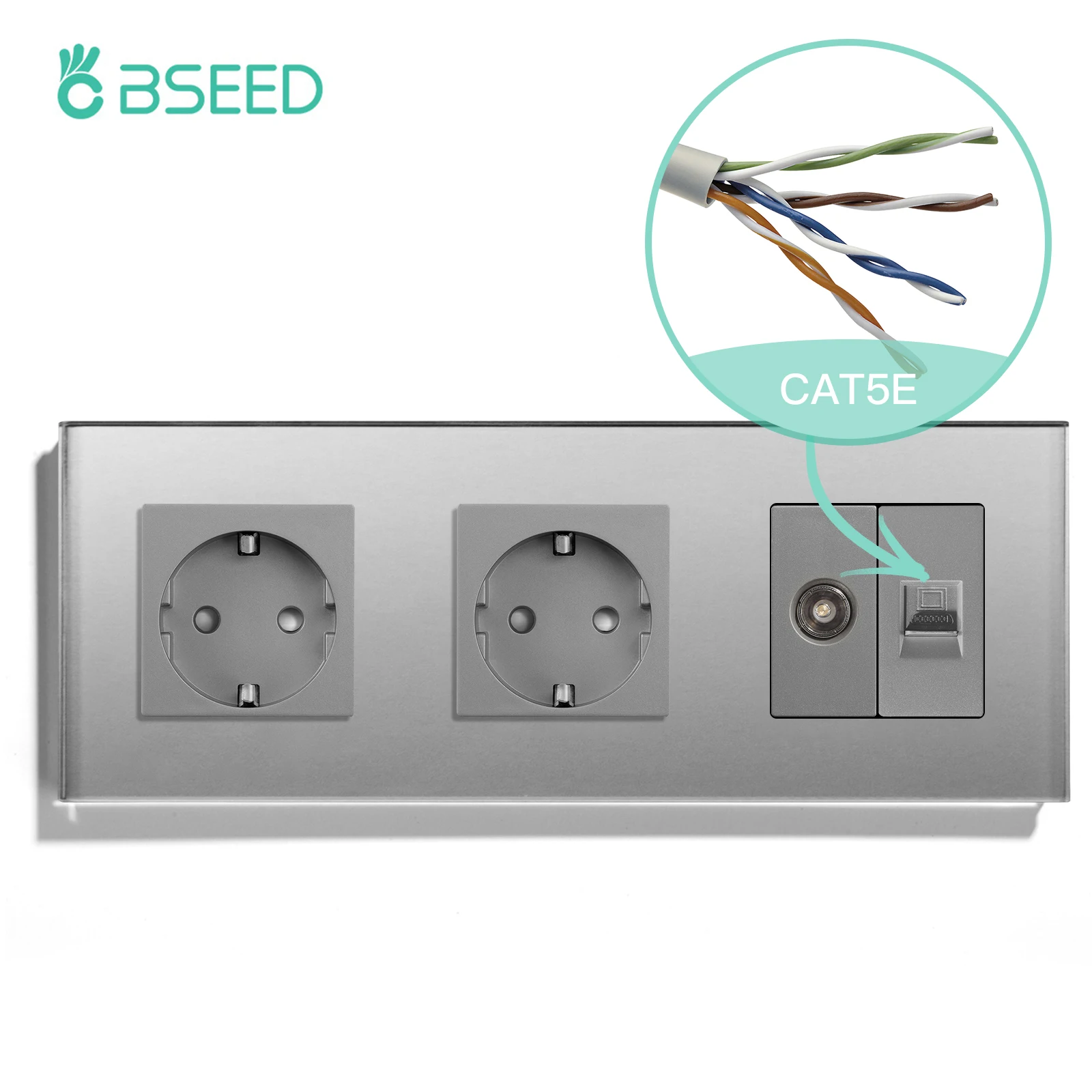 BSEED TV CAT5 mit EU-Buchse, doppelte Wandsteckdosen, TV-Internet, RJ45, PC-Anschlüsse, Typ-C-USB-Steckdosen, Glasrahmen