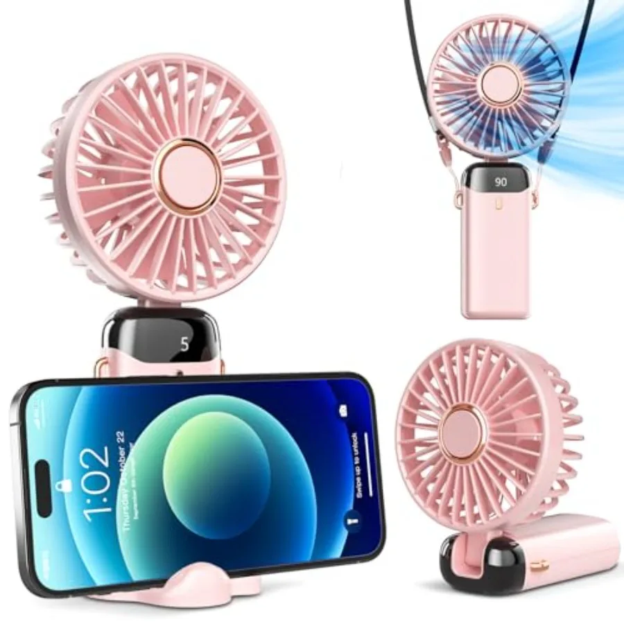

Portable Handheld Fan, Battery Operated Fan with Base, 8 Hours, Digital Display, 5 Speeds, 90° Ajustable, Rechargeable Mini Fan