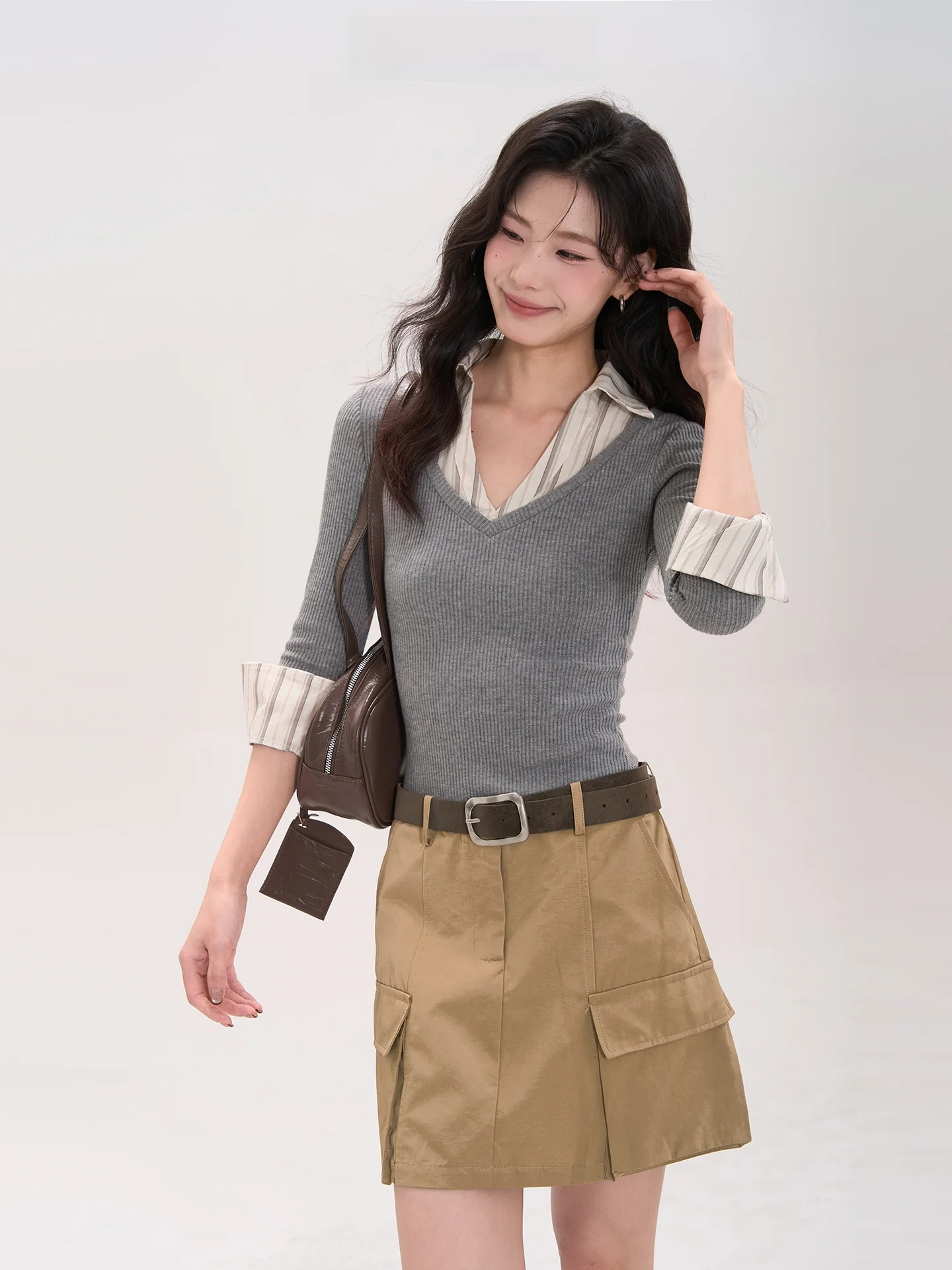 

Sweet And Spicy Love Bean Slim Fit Полосатый V-Ne Knit irt Повседневный женский китайский бренд Heme