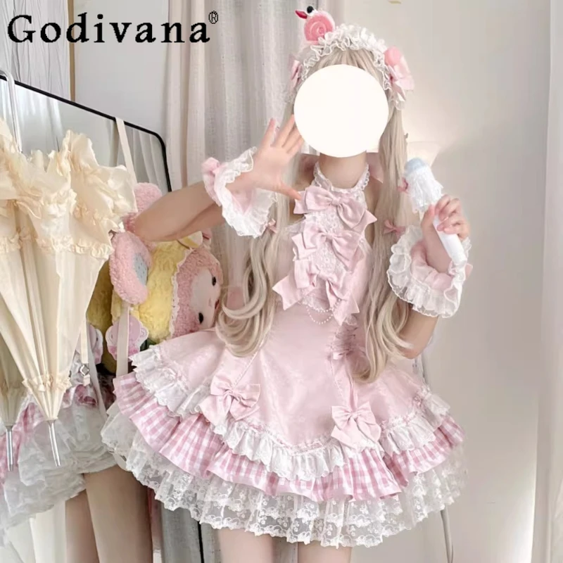 

Japanese Sweet Lolita Pink Dress JSK for Women Girls Cute Bow Lace Off-Shoulder Slim Elegant Dress Princess Party Dress Vestidos