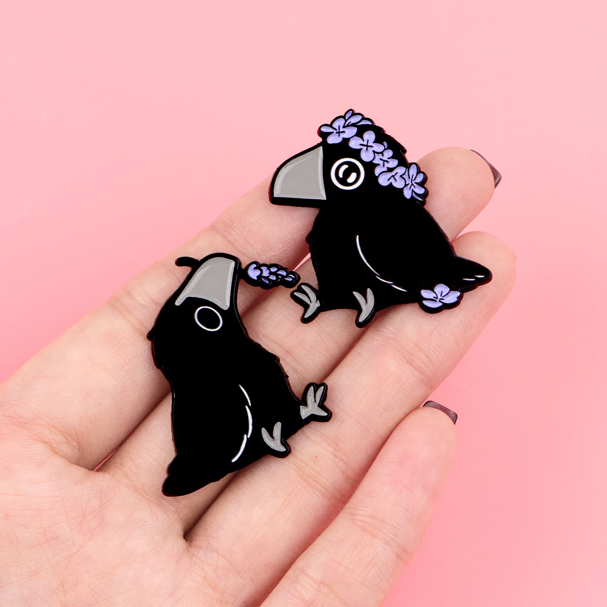 Cute Purple Flower Crow Enamel Pin Lapel Pines for Backpacks Funny Animals Brooches for Women Fashion Jewelry Accessories Gifts