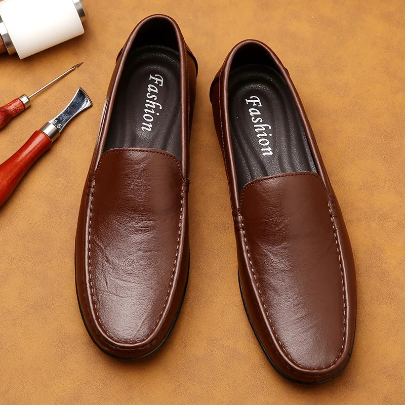 Spring Genuine Leather Men's Loafers Handmade Moccasins Casual Shoes Soft Sole Mens Business Flat Brown Minimalist Leather Shoes